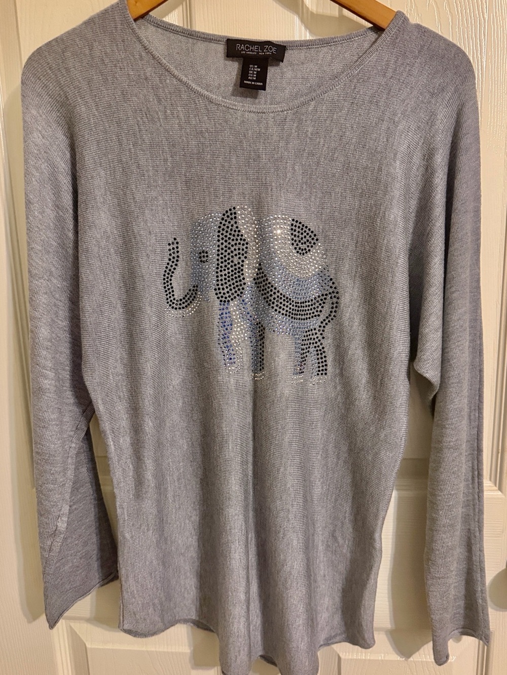 Rachel Zoe Gray Rhinestone Elephant Crewneck Sweater - Brand New without tags